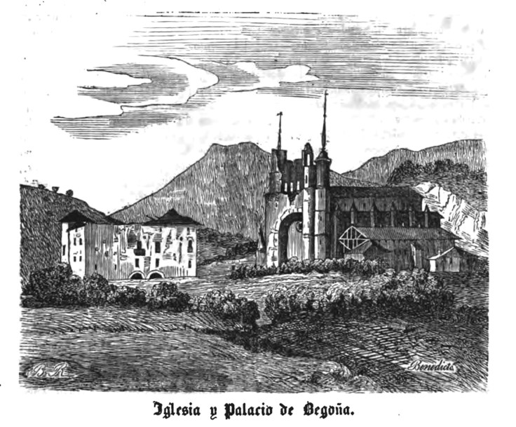 GRABADO DE IGLESIA DE BEGOÑA Y PALACIO DEL PATRON 1844