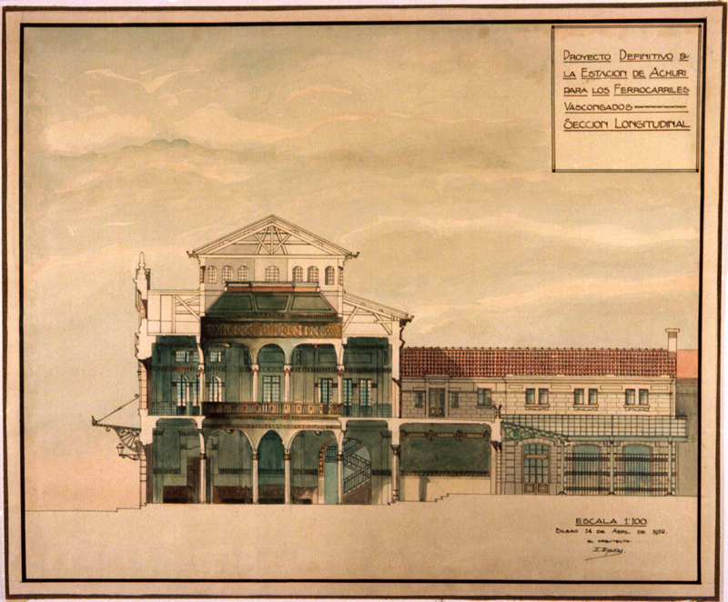 Proyecto definitivo de la estación de Achuri para los Ferrocarriles Vascongados. Sección Longitudinal Epalza, Enrique 1912