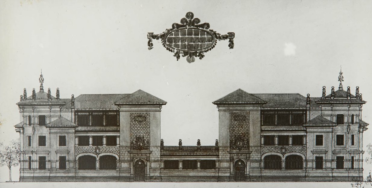 Recreación del proyecto de escuelas municipales en el barrio de Atxuri de Bilbao, del arquitecto Pedro Ispizua Susunaga. No realizado. Ca. 1913