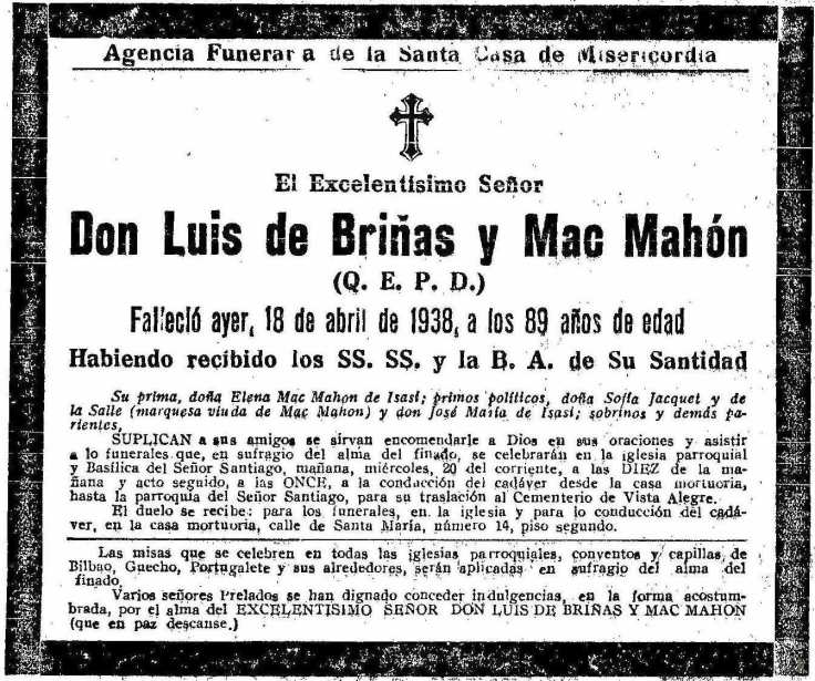 Esquela de Luis Briñas. La Gaceta del Norte 19-4-1938