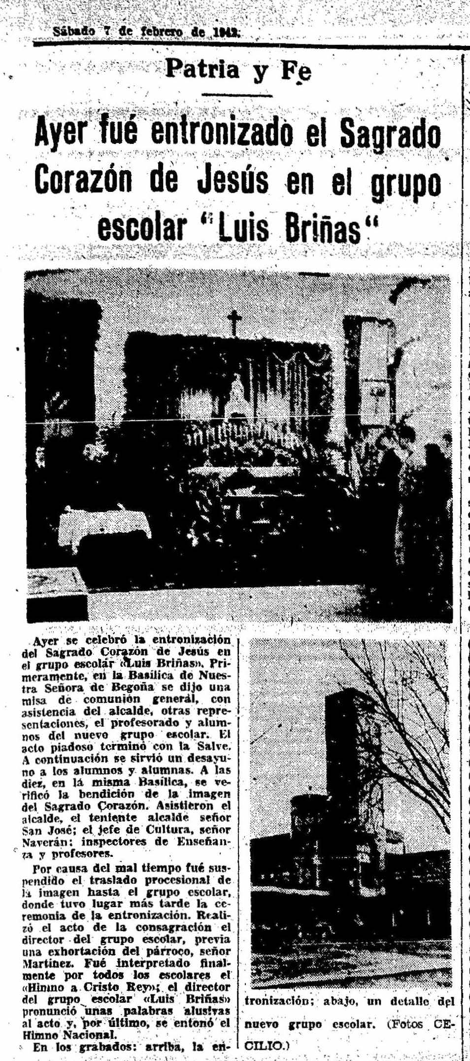 Ayer fue entronizado el sagrado corazón de jesus en las escuelas Briñas. La gaceta 7-2-42