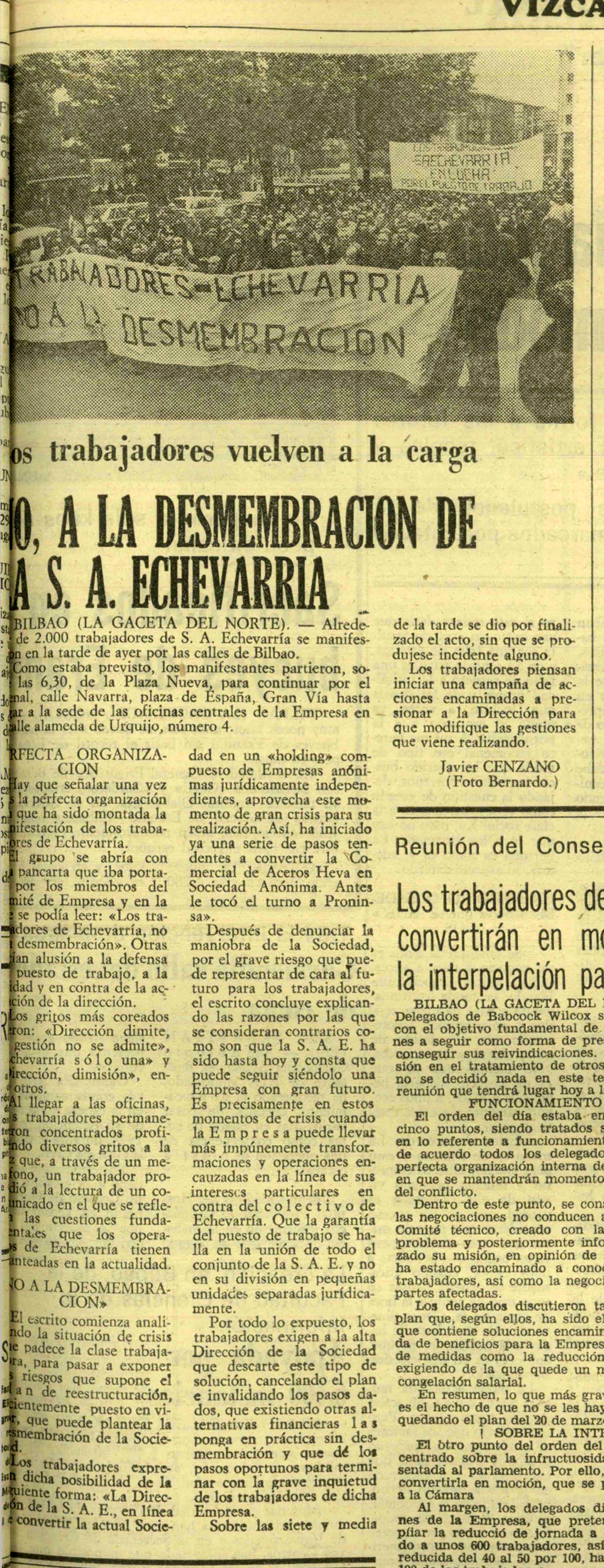 NO a la desmembración de la S.A. Echevarria La Gaceta del Norte 9-5-78