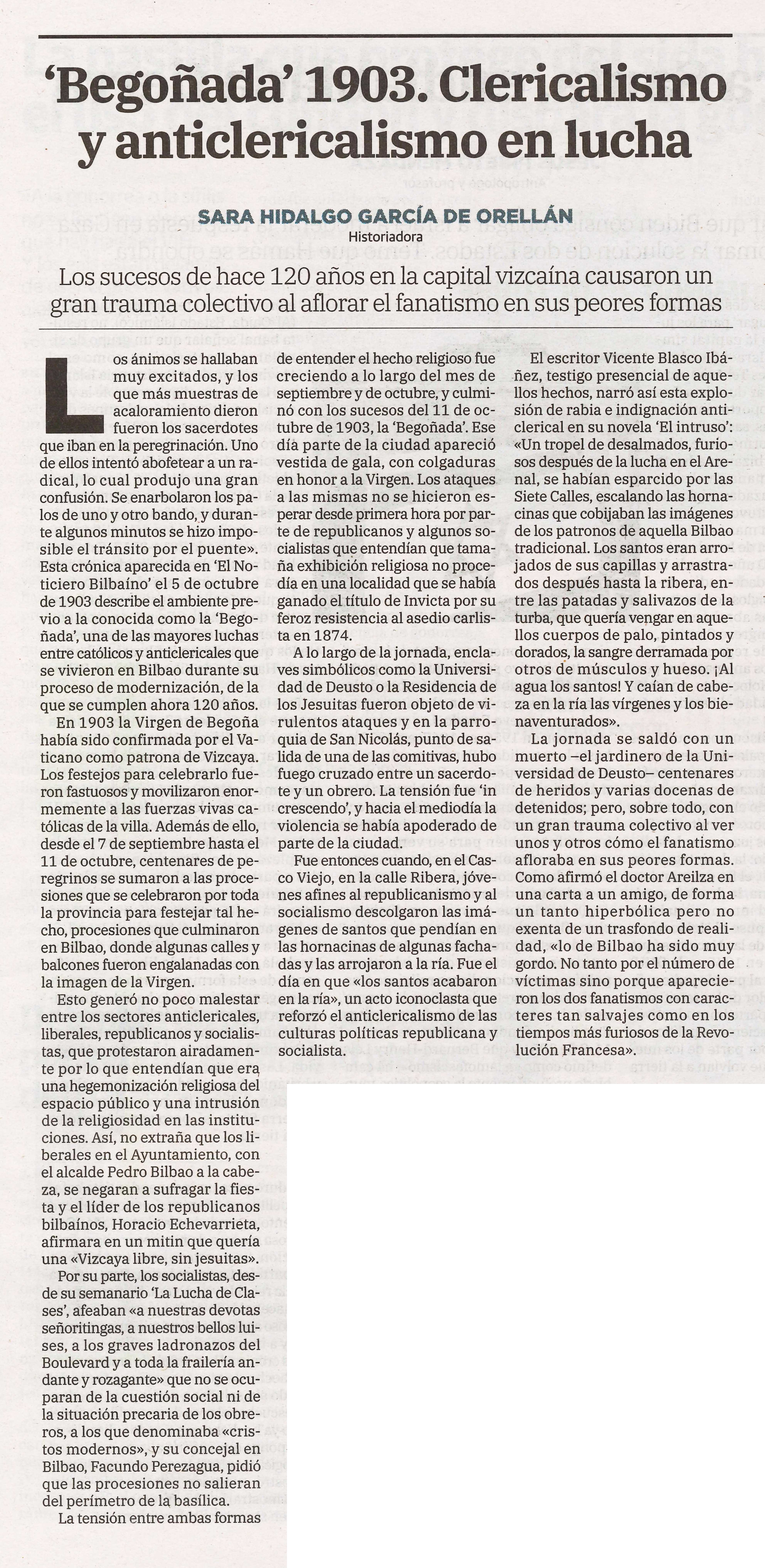 Begoñada 1903. Clericalismo y anticlericalismo en lucha. El correo 24-10-23